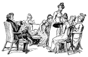 La famille Bennet à Longbourn, par Hugh Thomson (1894). Illustration pour le chapitre II[1].