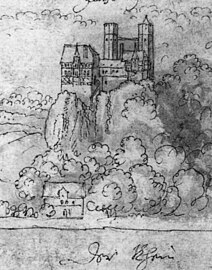 Burg Vatzberg (Rheinstein) von Osten, Zeichnung von Wenzel Hollar um 1636