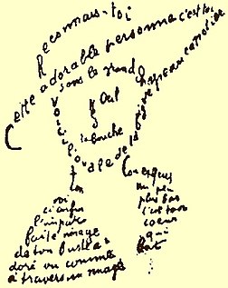 Extrait du Poème du 9 février 1915, calligramme de Guillaume Apollinaire publié pour la première fois dans Ombre de mon amour (Genève, 1947). (définition réelle 404 × 509)