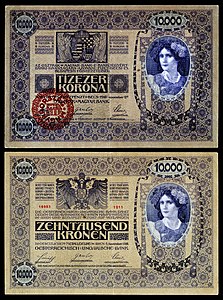 Ten-thousand Hungarian korona at Paper money of the Hungarian korona, by the Austro-Hungarian Bank and the Kingdom of Hungary