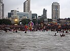 Idols at Girgaum Chowpatty on their way for immersion