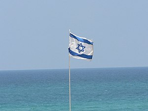 דגל ישראל מתנופף על רקע הים התיכון