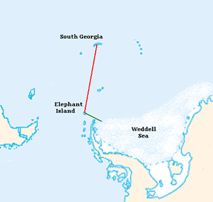 The “James Caird” journey is shown with relative locations of Antarctic continent, Elephant Island, South America and South Georgia