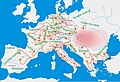 Image 10Hungarian campaigns across Europe in the 10th century. Between 899 and 970, according to contemporary sources, the researchers count 47 (38 to West and 9 to East) raids in different parts of Europe. From these campaigns only 8 were unsuccessful and the others ended with success. (from History of Hungary)