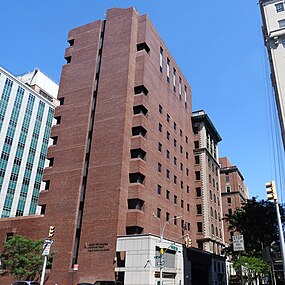 A tall brick building with a dark green awning at street level reading "Lenox Hill Hospital Emergency Entrance". On the street in front are two ambulances and a sport-utility vehicle with flashers in the same color scheme with "Paramedics" on the side.