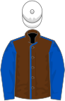 Brown, royal blue seams and sleeves, white cap
