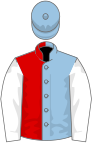 Light blue and red (halved), white sleeves, light blue cap