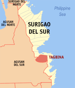 Map of Surigao del Sur with Tagbina highlighted