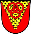 Mander (England): Gules, on a pile invected erminois three annulets interlaced two and one of the field.