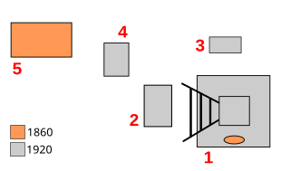 Plan schématisant les vestiges du puits comportant le chevalement, un support de ventilateur, le local du treuil, le bâtiment de transformation et contrôle du courant et un bâtiment des années 1860.