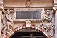 On the western portal of the Henri IV courtyard of the Toulouse Capitole, two sculpted figures embody Lady Tholose / Pallas (1678).