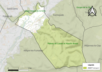 Carte des ZNIEFF de type 2 sur la commune.