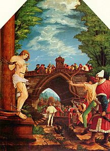 Albrecht Altdorfer, Martirio di San Sebastiano dal polittico dell'Altare di Sebastiano, 1509-1516 c., Abbazia di Sankt Florian