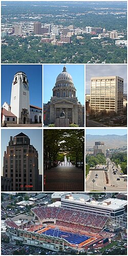 From left to right: Boise skyline, Train Depot, Idaho State Capitol, One Capitol Center, Hoff building, Grove Fountain, Capitol Blvd. and Broncos Stadium.