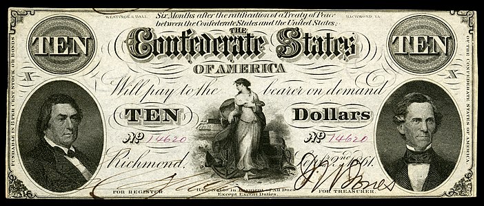 Ten Confederate States dollar (T25), by Keatinge & Ball
