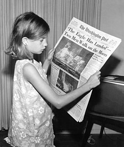 Girl reading the July 21, 1969, edition of The Washington Post at Apollo 11 in popular culture, by Jack Weir (restored by CarolSpears)