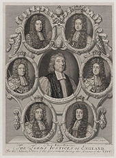 Black-and-white depiction of six small portraits arrayed in a circle around a larger portrait