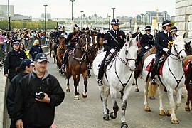 Mounted officers of the Metropolitan Police and the City of London Police with examples of black and white as well as red and white chequers on equestrian helmets