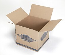 An empty cardboard box with the top closing flaps open