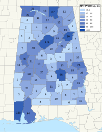 Distribuição de NRHPs nos condados do Alabama.