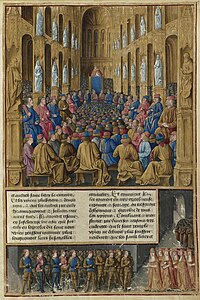 Pope Urban II preaching at the Council of Clermont, by Jean Colombe