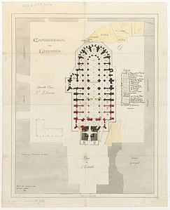 Plan for the completion of the cathedral (in red) and junction with bell tower (19th century)