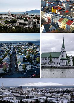 Clockwise from top left: view of old town and Hallgrímskirkja from Perlan; rooftops from Hallgrímskirkja; Fríkirkjan í Reykjavík; panorama from Perlan; and Reykjavík from Hallgrímskirkja