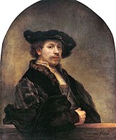 Self-portrait, 1640, wearing a costume in the style of over a century earlier. The pose relates to his etching of 1639 (below) and the Titian portrait A Man with a Quilted Sleeve.[26] National Gallery, London
