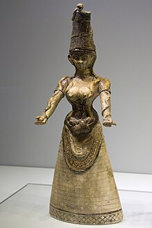 Minoan statue of a woman with bare breasts, her hands outstretched with snakes running along each arm