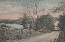 Hand-colored postcard depicting a road bordered by a stone wall beside a pond. Text in the upper left-hand corner reads "Windham Frog Pond, Windham, Conn."