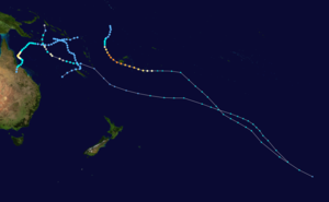 A map of the tracks of all the storms of the 1990–91 South Pacific cyclone season.