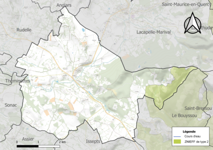 Carte de la ZNIEFF de type 2 sur la commune.