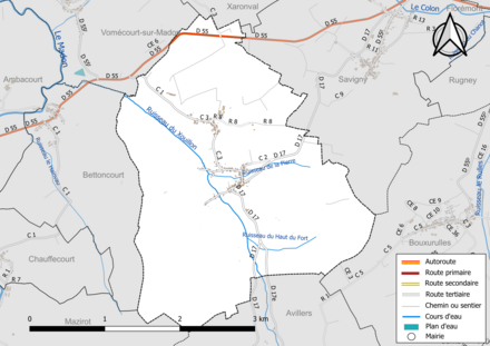 Carte en couleur présentant le réseau hydrographique de la commune