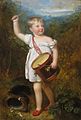 Boy in a light frock, with "masculine" hat (on ground) and drum