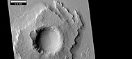 Pedestal crater with layers, as seen by HiRISE under HiWish program