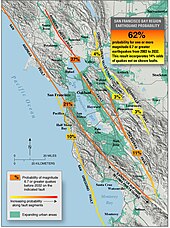 A map tracing all the fault lines in the Bay Area, and listing probabilities of earthquakes occurring on them.
