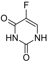 Structural diagram of 5-fluorouracil, a fluoropyrimidine with a single bond from carbon 5 to a fluorine atom and double bonds from both carbons 2 and 4 to oxygen atoms