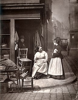 From Street Life in London, 1877, by John Thomson and Adolphe Smith. "...the inhabitants of Church Lane were nearly all what I may term “street folks" – living, buying, selling, transacting all their business in the open street. It was a celebrated resort for tramps and costers of every description."