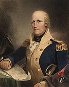 Painting of the head and shoulders of an older, gray-haired, balding man in a colonial-era military uniform (blue jacket with white lapels and gold epaullettes)