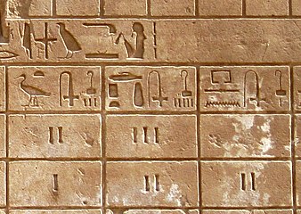 Example of tied papyrus roll, Karnak. (in top row, "standard" horizontal form) (Note also brazier (hieroglyph))