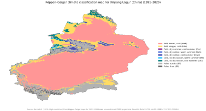 Köppen–Geiger climate classification map at 1-km resolution for Xinjiang Uygur Autonomous Region (China) for 1991–2020