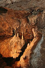 The stalactite and stalagmite formation known as the Jesus' family in the cave
