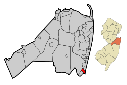 Location of Manasquan in Monmouth County highlighted in red (left). Inset map: Location of Manasquan County in New Jersey highlighted in orange (right).