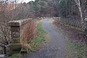 Between the parapet wall on the left and the cast iron railings on the right, a footpath where once there were rails extends across the viaduct, curving gently towards the right and the tunnel mouth