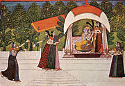 Krishna et Radha dans un pavillon, peint par Nihâl Chand, Kishangarh, v. 1750, 23 × 34 cm. Musée d'Allahabad[13]