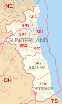 SR postcode area map, showing postcode districts, post towns and neighbouring postcode areas.