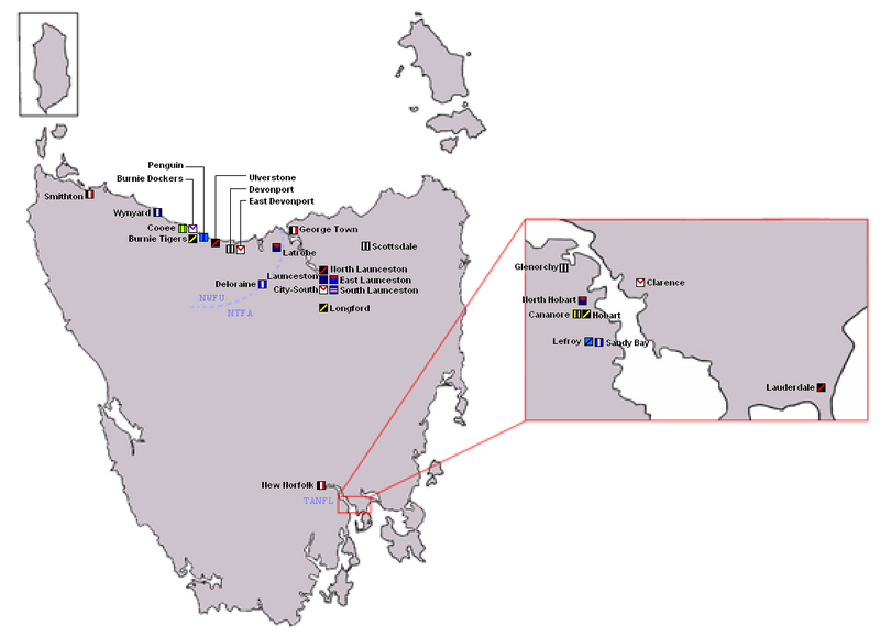 A map showing the location of major past and present clubs in the statewide league, TANFL/TFL, NTFA and NWFU