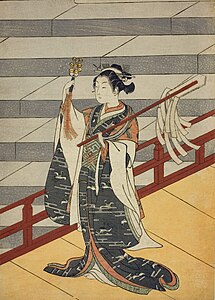 The Kagura Dancer, showing a dancer with kagura suzu. By Suzuki Harunobu, circa 1766.