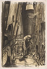 Stoker shovelling coal from a bunker
