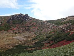 新本白根火砕丘の火口。左の岩の周辺が本白根山展望所。